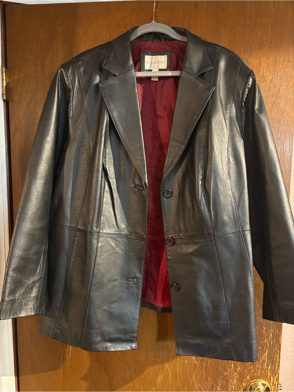 Worthington Black Leather Blazer with Burgundy Lining